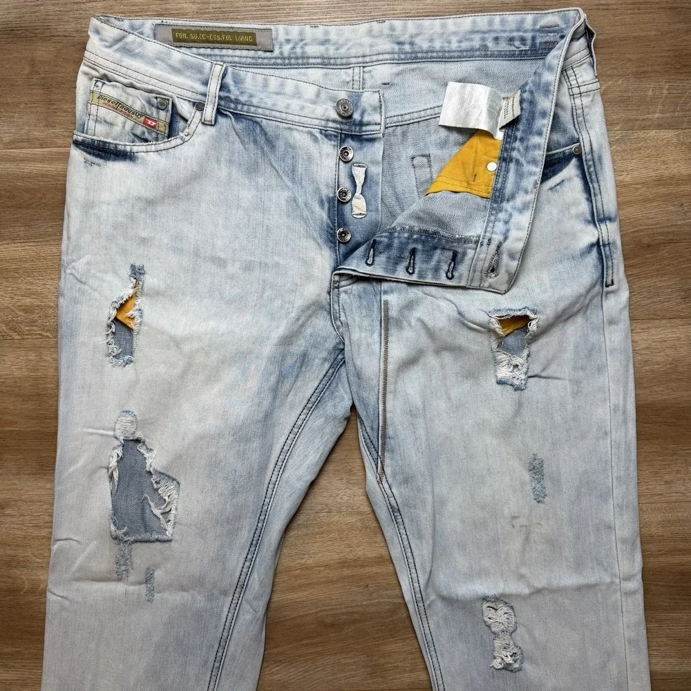 Diesel Belther Jeans Men‎ 38x34 Blue Slim Tapered Acid Wash Destroyed 3D Finish